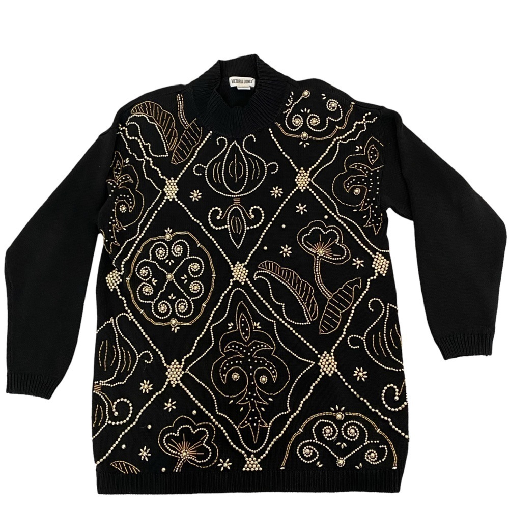 Victoria Jones Vintage Beaded Black Sweater Women’s Large With Shoulder Pads